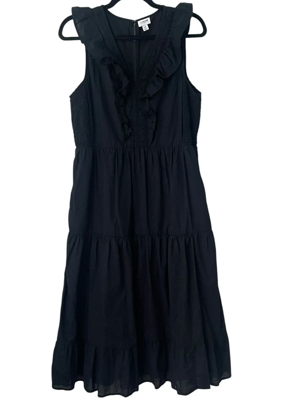 J.Crew Black 100% Cotton Ruffle Tiered Midi Dress Sleeveless Pockets Sz 12 Boho